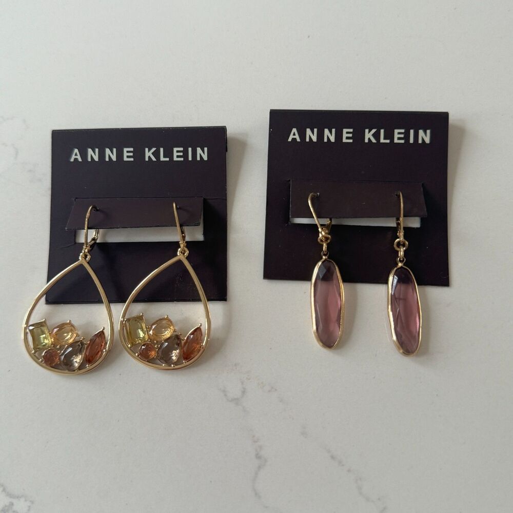 2 Anne Klein Gold-Tone Dangle Earrings – Teardrop Gem Cluster & Lavender Glass